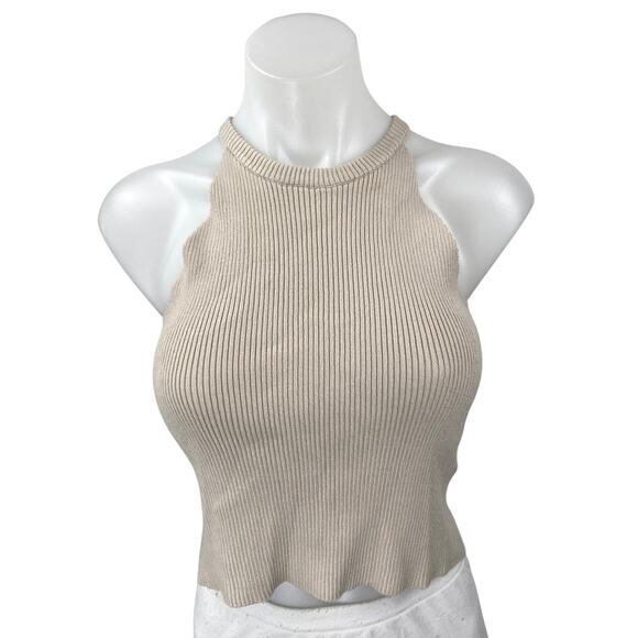 Kourt Women's Beige Sleeveless Ribbed Knit High Neck Cropped Tank Top Size S - Picture 1 of 4